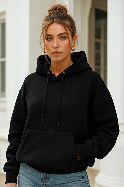 Rich Women's Black Kangaroo Pocket Hooded Scuba Sweatshirt