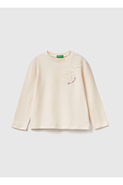 United Colors of Benetton Baby Girl Ecru Long Sleeve T-Shirt with Tulle Appliqué on the Front