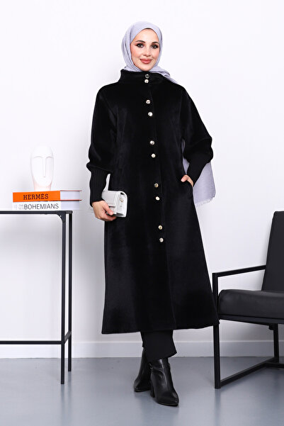 İmajButik Black Buttoned Angora Coat