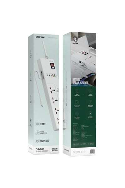 Green Lion GS-900 Power Socket, 3M, 3500W, 4 AC Sockets, 2 USB-A, 3 USB-C, Timer Display – White