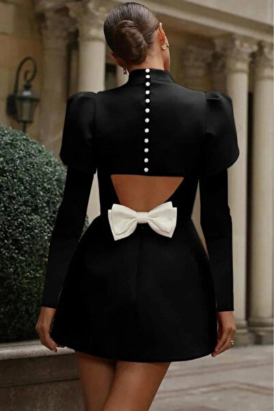 Mostpera Yarım Balıkçı Yaka Uzun Kollu Sırt Dekolteli Düğme Ve Fiyonk Detay Tasarım Mini Elbise