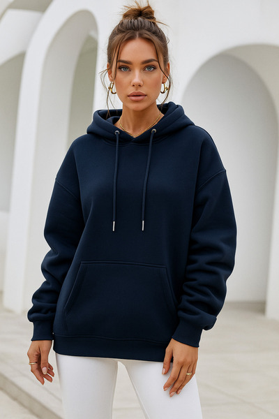 Rich Women's Navy Blue Kangaroo Pocket Hooded Scuba Sweatshirt