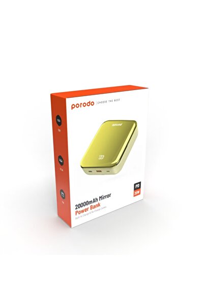 porodo بنك طاقة صغير الحجم 20000 مللي أمبير/ساعة مع منافذ USB-A وType-C و20 واط PD وشحن متزامن - ذهبي
