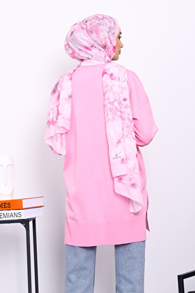 İmajButik Pink Houndstooth Patterned Cold Yarn Knitwear Tunic