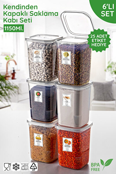 Nandy Home Set of 6 with Labels Gift with Self-Covering Lid 1150ml. Square Storage Container - Microwave and Freezer Safe