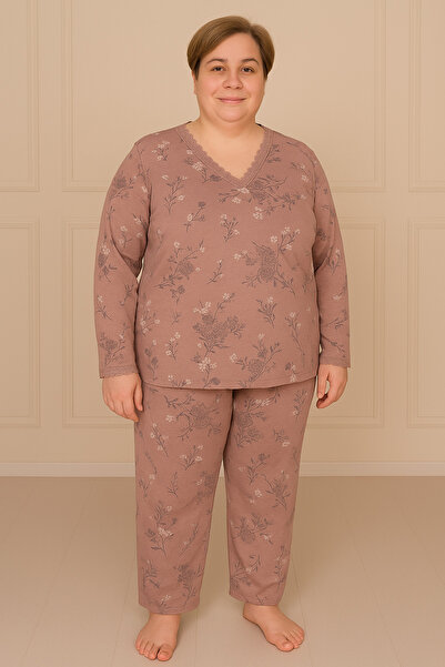 Niket Life Women's Patterned Lace Collar Long Sleeve Six-Long Combed Cotton Mother Pajama Set