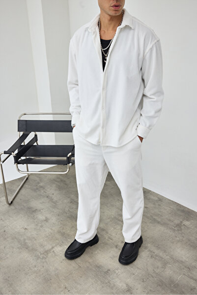 MADZEYMODA Premium Men's Ecru Comfortable Fit Velvet Shirt & Pants Bottom Top Set Ls-19533