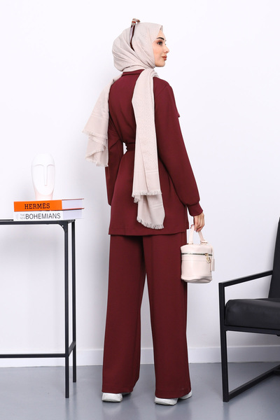 İmajButik Burgundy Pocketed Waist Belted Modal Suit