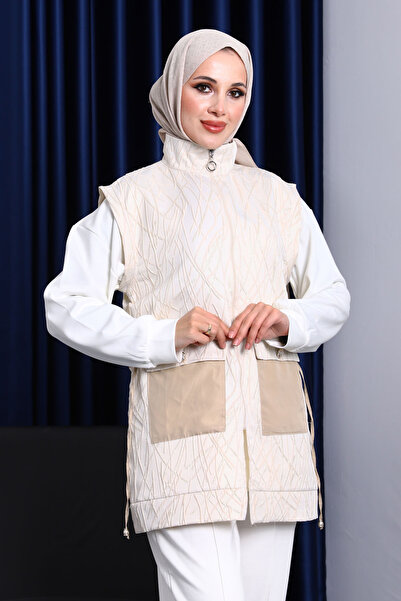 İmajButik Ecru Tunic Vest Pants Triple Combination Set