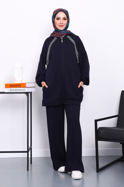 İmajButik طقم مودال مطرز بالحجر بجيبين مزدوجين باللون الأزرق الداكن