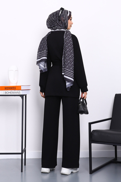 İmajButik Black Pocketed Waist Belted Modal Suit