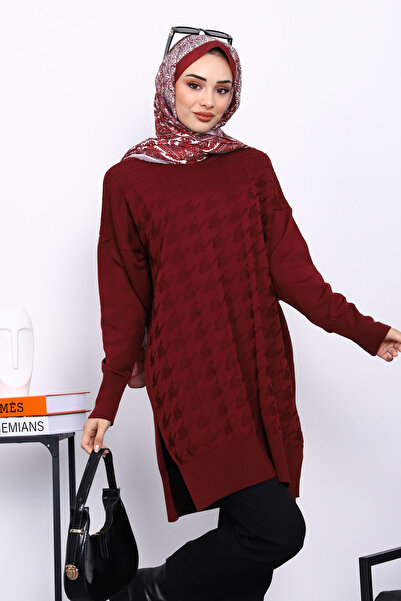 İmajButik Burgundy Houndstooth Patterned Cold Yarn Knitwear Tunic