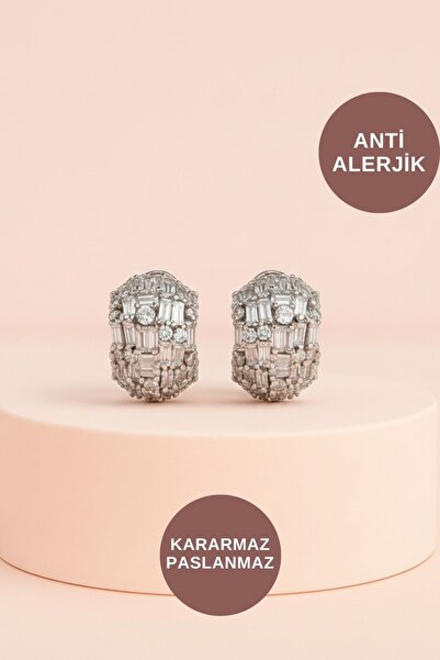 KAYOUBI Kadın Antialerjik Kararmaz Suya Dayanıklı Günlük Gece Abiye İçin Bombe Zirkon Taşlı Gold Çelik Küpe