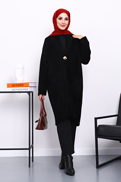 İmajButik Black Single Button Angora Soft Knit Cardigan