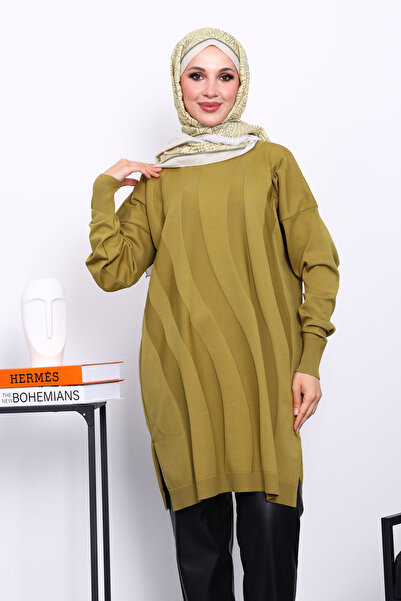 İmajButik Oil Green Cold Thread Mercerized Knitwear Tunic