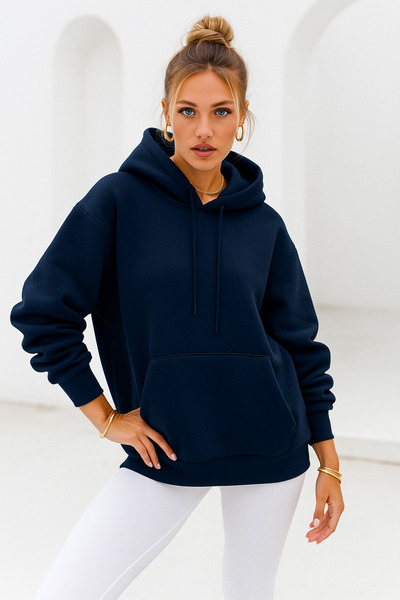 Rich Women's Navy Blue Kangaroo Pocket Hooded Scuba Sweatshirt