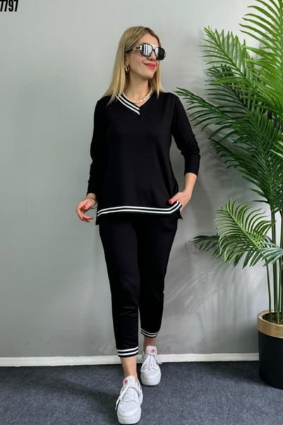 Kokosh moda Women's V-Neck Rib Detailed Long Sleeve Bottom Top Plus Size Two-...