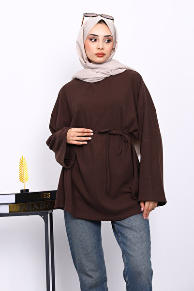 İmajButik Brown Crew Neck Waist Belted Tunic