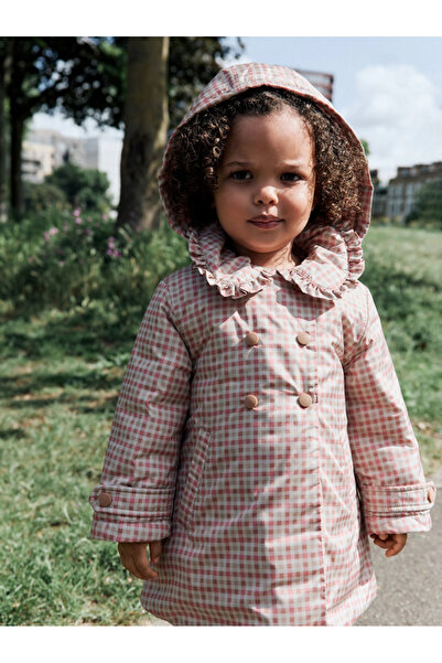 Next Pembe Kareli Suya Dayanıklı Fırfır Yakalı Mevsimlik Mont