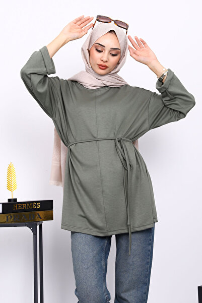 İmajButik Khaki Tunic with Slits on the Sides and Drawstring Waist