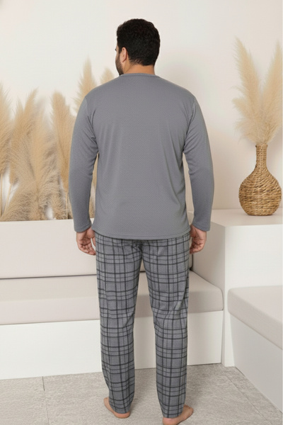 Farya Home Plus Size Cotton Long Sleeve Plaid Checkered Men's Pajama Set