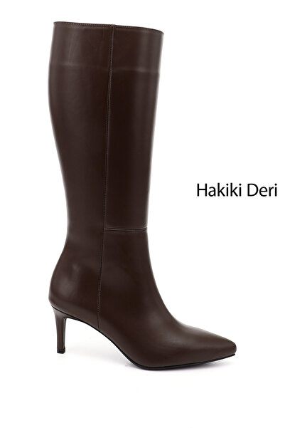 GÖNDERİ(R) Women / Girls Brown Platinum Zippered Thin Heeled Genuine Leather Boots