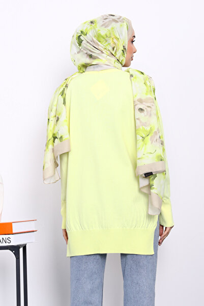 İmajButik Yellow Houndstooth Patterned Cold Yarn Knitwear Tunic