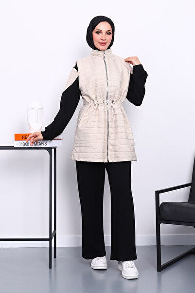 İmajButik Stone Quilted Vest Tunic Trouser Three Piece Set