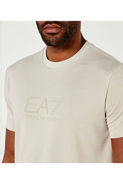 EA7 Men's Short Sleeve Crew Neck Cotton Pattern Cream T-Shirt 7m000755 Af13869-U1086