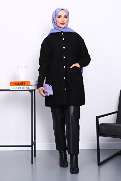 İmajButik Black Hooded Boucle Coat