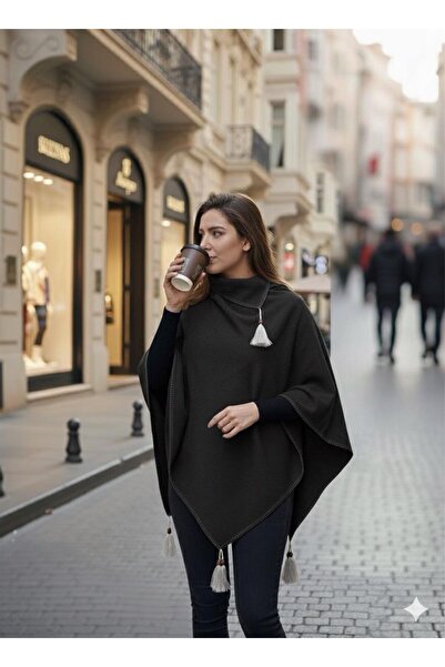 Cockatoo Women's Handkerchief Collar Tassel Detailed Oversized Fleece Poncho / Hijab Tunic New Season Comfortable Modern Stylish