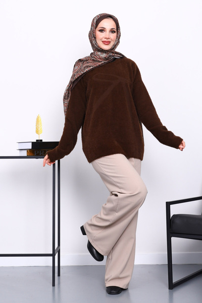 İmajButik Brown Crew Neck Patterned Angora Soft Knit Sweater