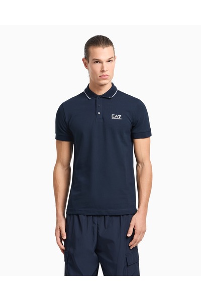 EA7 Men's Woven Fabric Short Sleeve Solid Model Blue Polo Neck T-Shirt 8Npf16 Pjvuz-1562