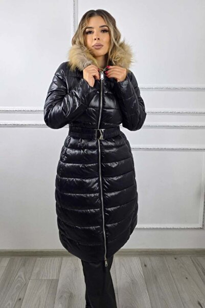 FashionForYou Women's quilted jacket HYRA, with removable fur hood, Black