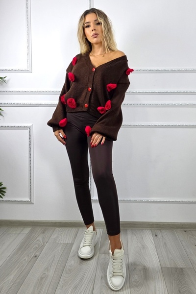 FashionForYou Rowan knitted sweater, with buttons and non-detachable floral details, Brown, Size S/M/L