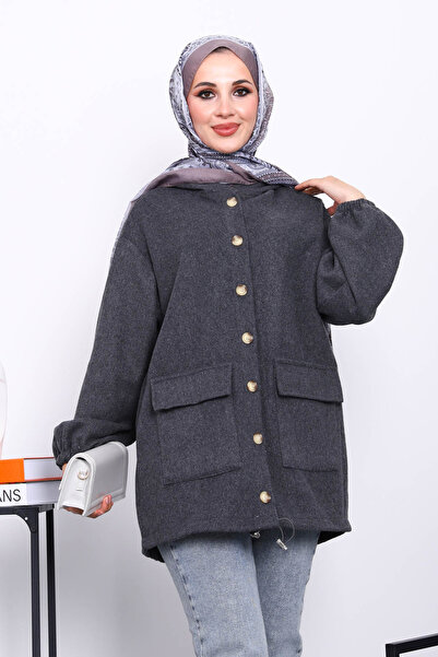 İmajButik Smoked Hooded Button Slim Cashmere Jacket
