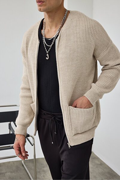 MADZEYMODA Premium ανδρική πλεκτή ζακέτα με φερμουάρ, πέτρινο μπεζ LS-62003