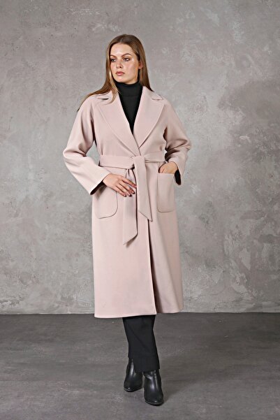 P Prilika Collection Kadın Kuşaklı Astarlı Cepli Uzun Oversize Kaşe Kaban