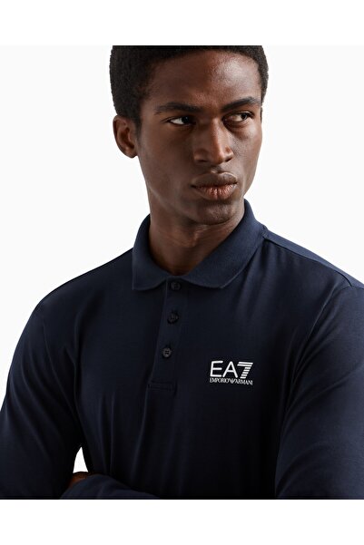 EA7 Men's Cotton Long Sleeve Woven Casual Blue Polo Neck T-Shirt 8Npf15 Pjvqz-1562