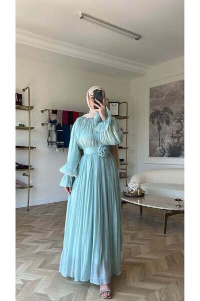 Rimel Moda Maria İpek Taşlı Elbise Su Yeşili