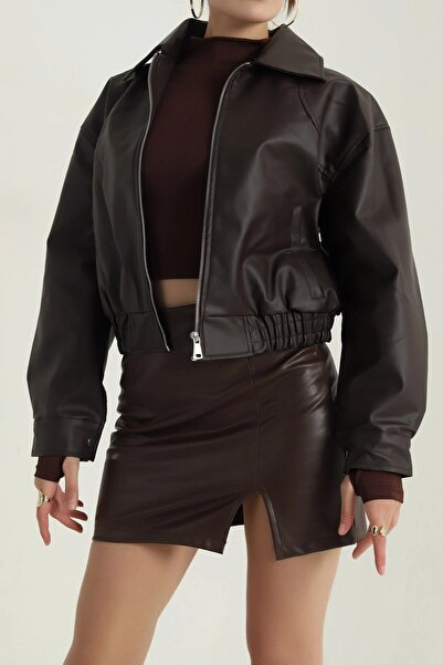 moda armanc Kadın Deri Bomber Ceket - Yeni Sezon Oversize Crop Suni Deri Mont...