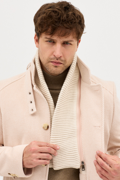 Frappoli Maxi Men's Beige Cashmere Thick Coat Overcoat with Ribbed Collar Standard Fit