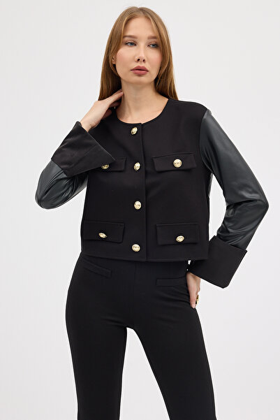 Laranor Black Gold Button Detailed Sleeves Leather Steel Mesh Jacket Cardigan Day Night Chic 25L8132