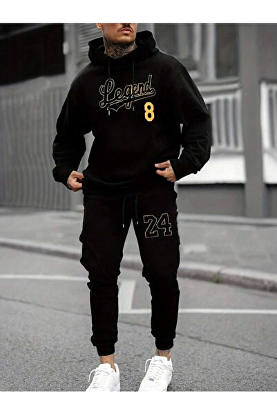 Harmandar Legend 8 Winter Bottom Top Set Sweatshirt Tracksuit Bottoms - Black Printed Oversize Hoodie