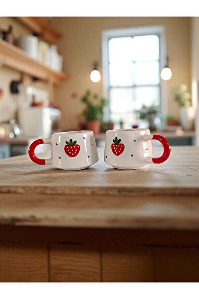 aktas seramik 🍓 Çilek Desenli El Çizimi Seramik Kupa Bardak Hediyelik