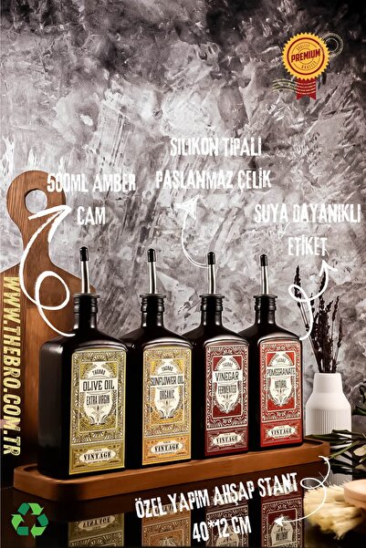 TheBRo New Premium Serisi Ahşap Stantlı 500ML Zeytinyağı,Ayçiçek Yağı, Sirke,...