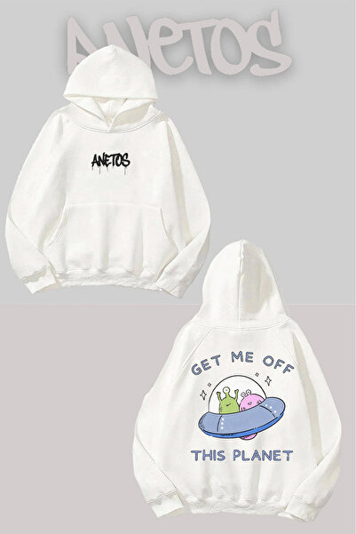 Anetos Get Me Off This Planet Sırt cu imprimeu Alb cu glugă Swea tricou