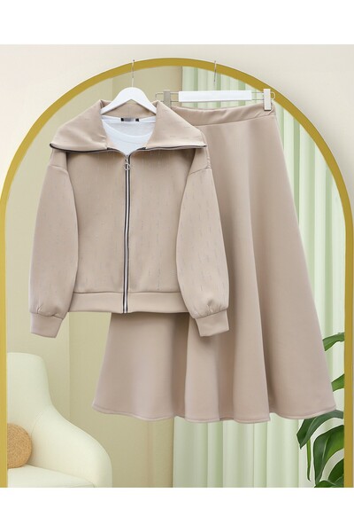 Modamorfo Front Zippered High Neck Stone Detailed Scuba Suit - Beige