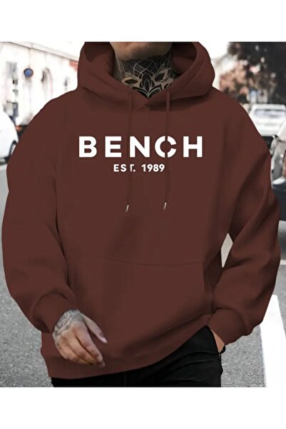 herkesemoda Bench K Hooded Sweatshirt with Text Detail and Fleece Inside