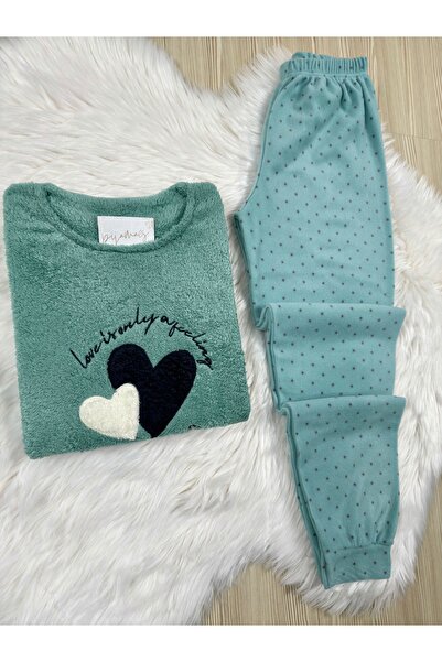Pijamacs Green Polka Dot Patterned Fleece Pajama Set with Front Plush Detail